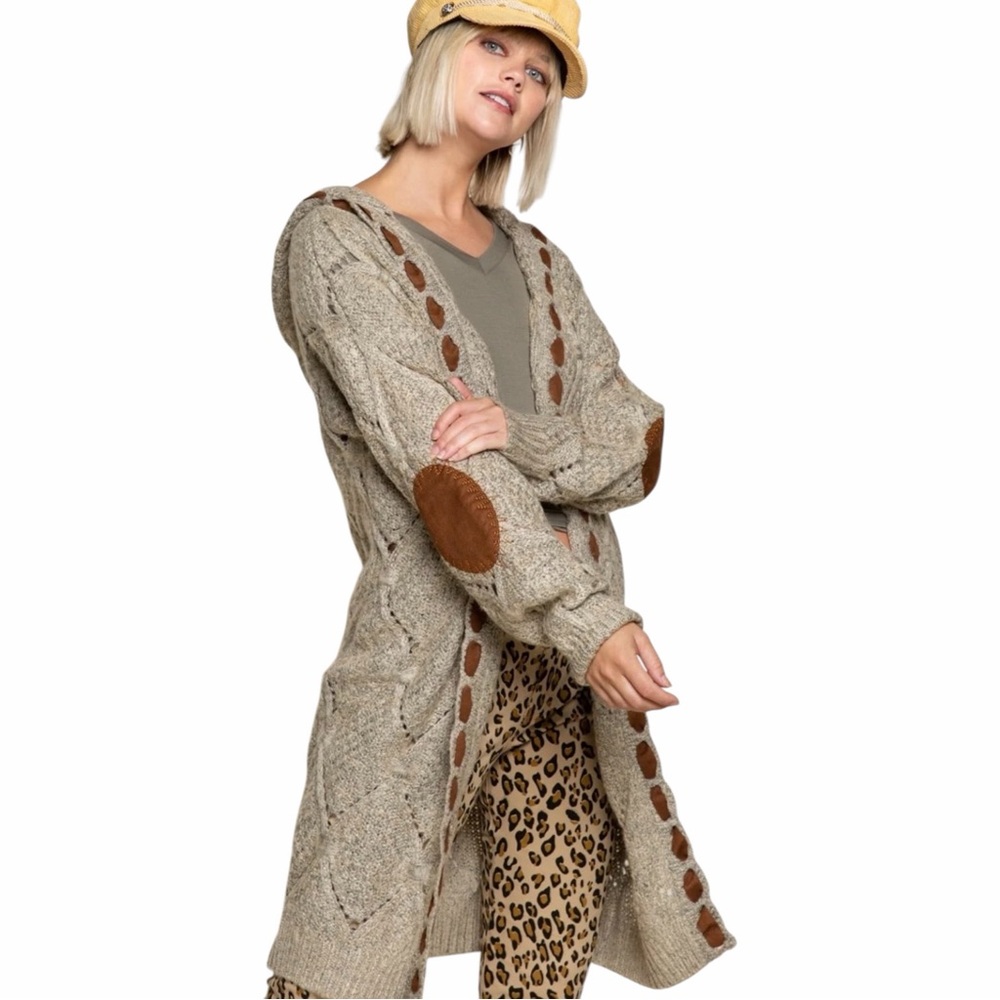 POL Oatmeal Tan Diamond Argyle Open Front Hooded Cardigan size Medium